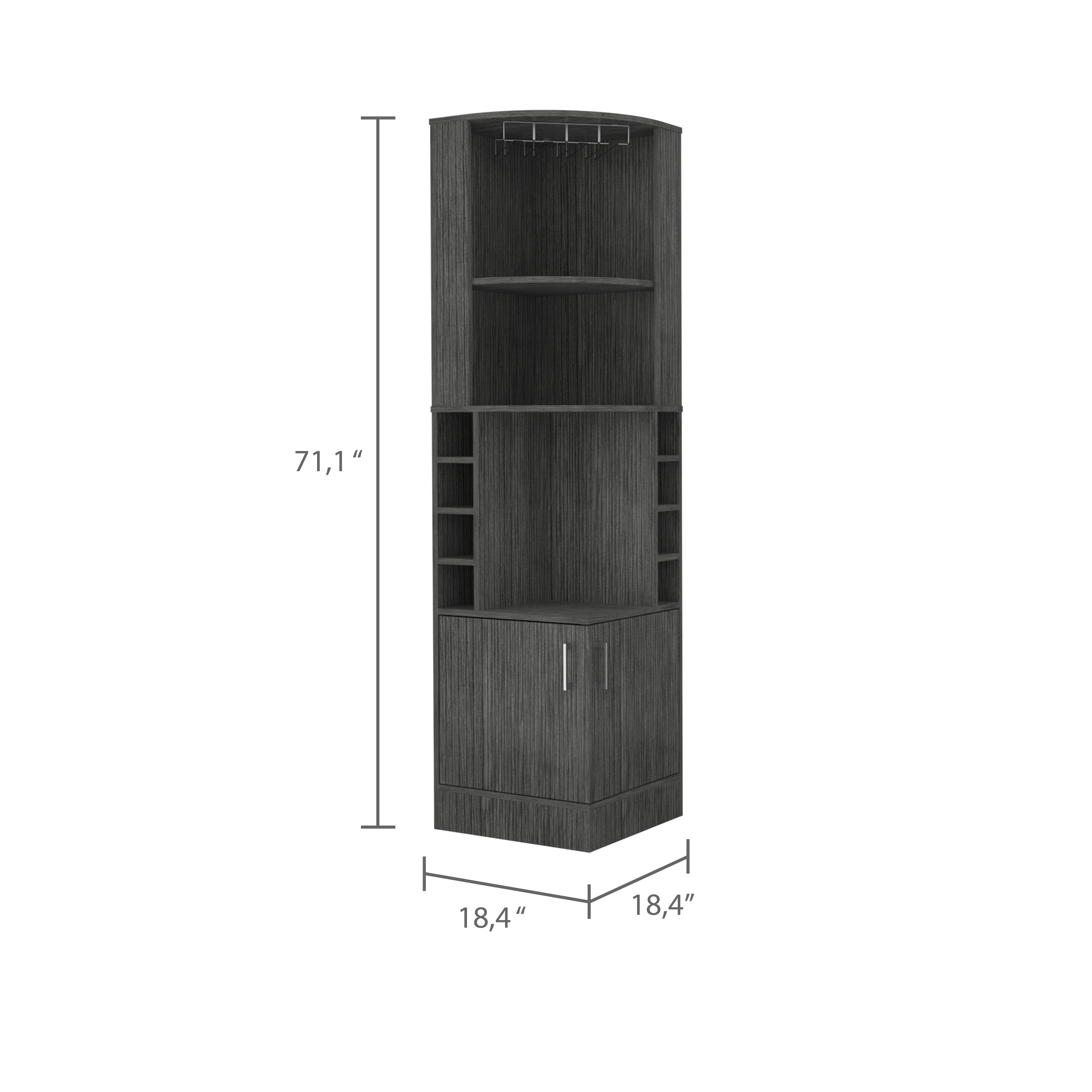 Syrah Corner Bar Cabinet, Eight Bottle Cubbies, Double Door, Two Open Shelves -Smokey Oak